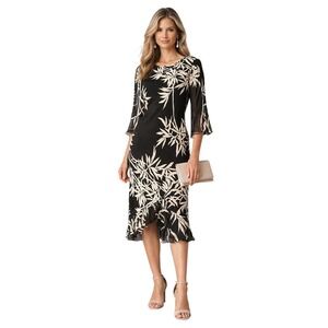 Black Tropical Sheer Overlay Midi Dress 4 Flowy Resort Cocktail Evening Romantic